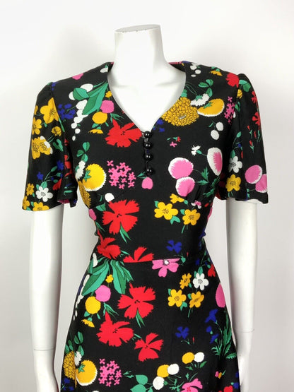VTG 60s 70s BLACK YELLOW GREEN PINK FLORAL PSYCHEDELIC BELL SWING DRESS 12 14