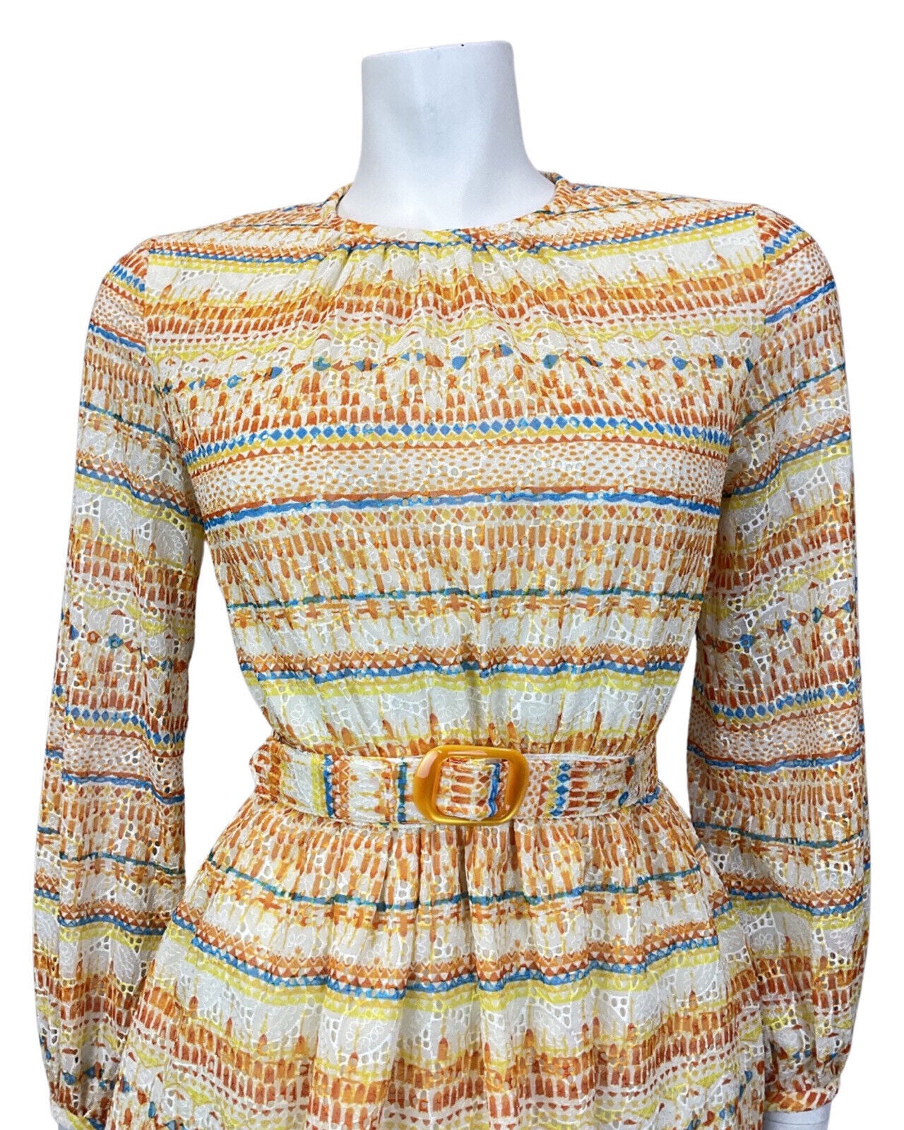 VINTAGE 60s 70s YELLOW BLUE ORANGE ANGLAISE EMBROIDERED STRIPED SHEER DRESS 4