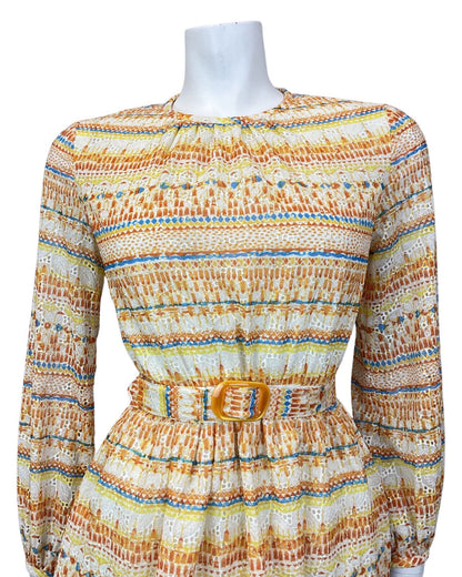 VINTAGE 60s 70s YELLOW BLUE ORANGE ANGLAISE EMBROIDERED STRIPED SHEER DRESS 4