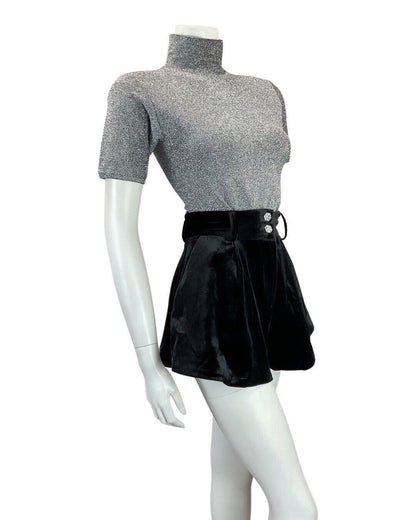 VINTAGE 70s SILVER GLITTER HIGH-NECK SHORT SLEEVE FITTED LUREX BLOUSE TOP 6 8