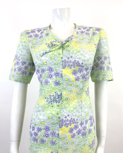 VTG 60s 70s GREEN PURPLE WHITE YELLOW FLORAL PSYCHEDELIC DROP WAIST DRESS 12 14