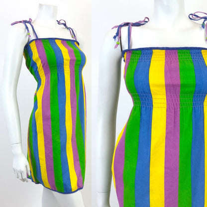 VINTAGE 70s 80s GREEN BLUE YELLOW PURPLE STRIPED STRAPPY SUMMER DRESS 10 12