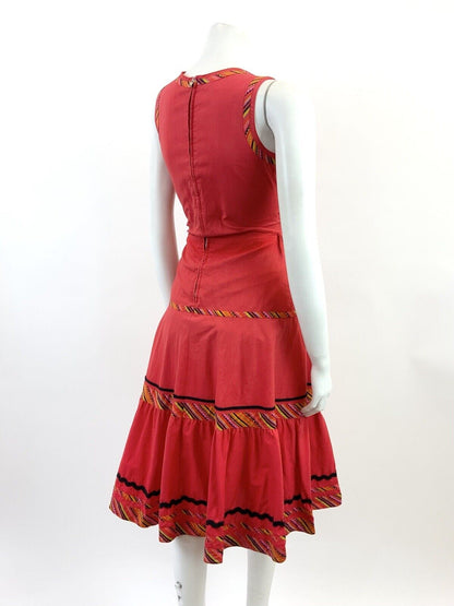 VTG 60s 70s FOLK RED ORANGE BLACK STRIPED GEOMETRIC AZTEC TIERED MOD DRESS 8 10