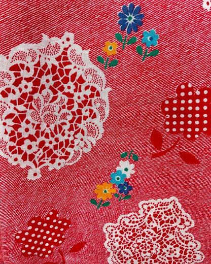 VINTAGE 60s 70s RED WHITE STRIPED DITSY FLOWER LACE PRAIRIE APRON SUN DRESS 8