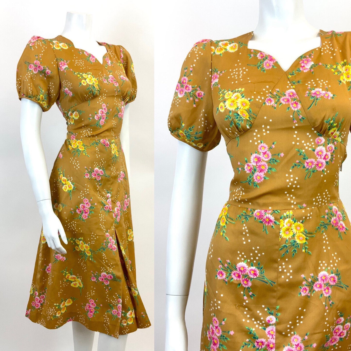 VTG 60s 70s GOLDEN BROWN  TAN GREEN PINK FLORAL DOTTY PUFF SLEEVE TEA DRESS 10