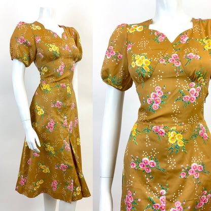 VTG 60s 70s GOLDEN BROWN  TAN GREEN PINK FLORAL DOTTY PUFF SLEEVE TEA DRESS 10