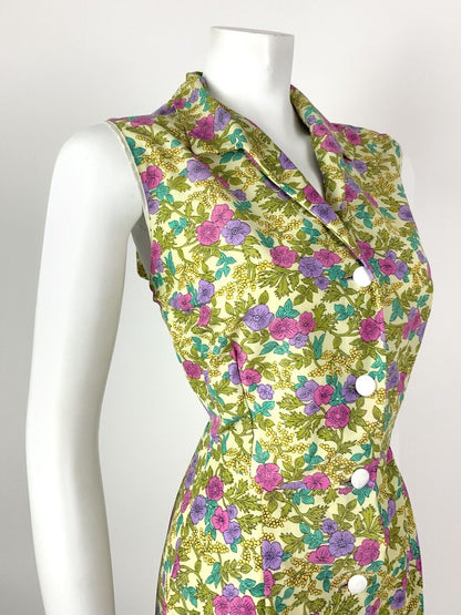 VINTAGE 60s 70s GREEN PINK PURPLE YELLOW FLORAL SLEEVELESS SHIRT DRESS 14 16