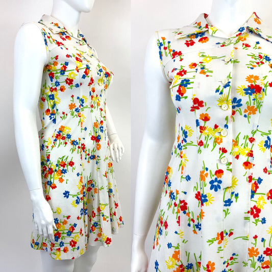 VINTAGE 60s 70s WHITE RED BLUE GREEN FLORAL MOD SLEEVELESS DAGGER SHIRT DRESS 16