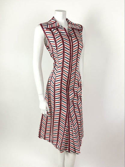 VINTAGE 60s 70s WHITE RED BLUE ZIG-ZAG GEOMETRIC DAGGER SHIRT MOD DRESS 12 14