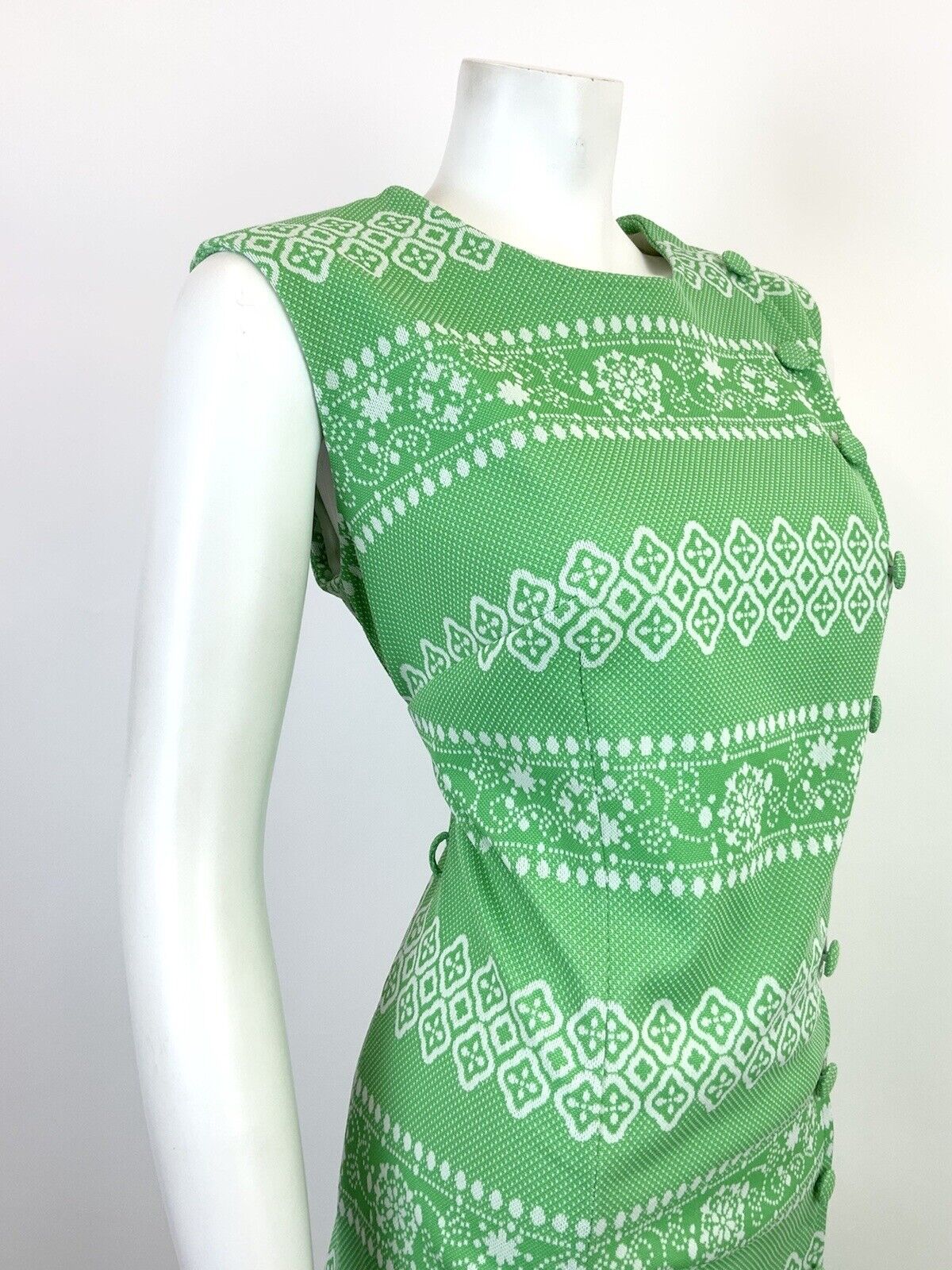 VTG 60s 70s APPLE GREEN WHITE STRIPED GEOMETRIC FLORAL SLEEVELESS DRESS 14 16