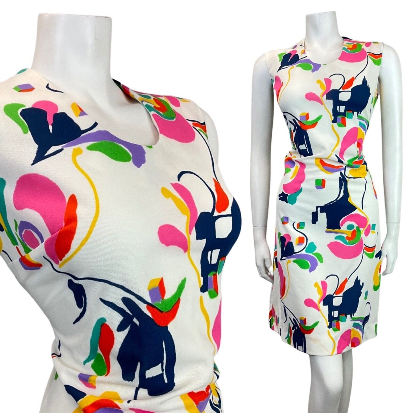 VINTAGE 60s 70s WHITE BLUE PINK GREEN ABSTRACT SLEEVELESS MOD DRESS 14 16