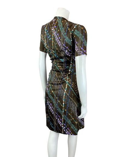 VINTAGE 60s 70s BROWN BLUE PURPLE BEAD REED DOTTY MOD SHORT SLEEVE DRESS 12
