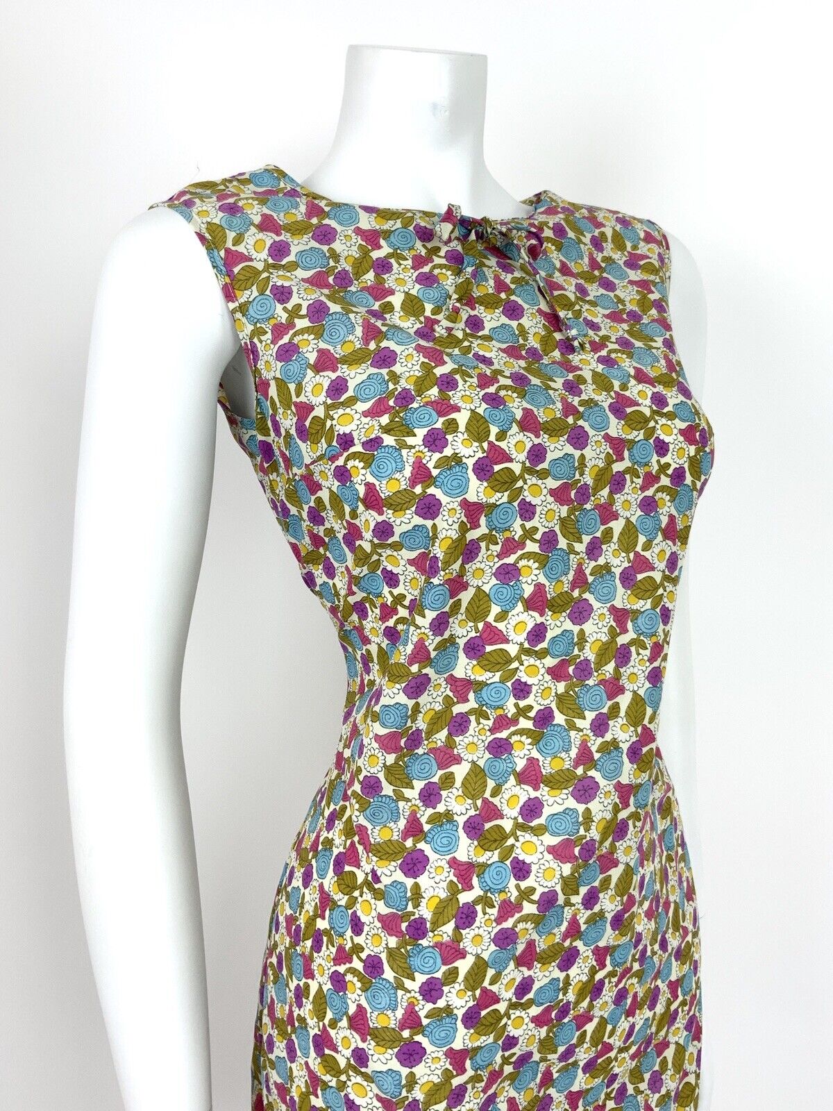 VTG 60s 70s FLORAL DAISY DITSY WHITE BLUE PURPLE PINK SUMMER DAISY DRESS 8 10