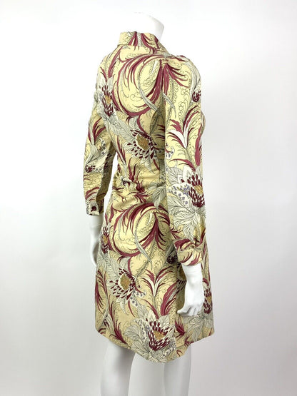 VINTAGE 60s 70s CREAM RED WHITE FLORAL FEATHER SWIRL SHIRT DRESS 8 10