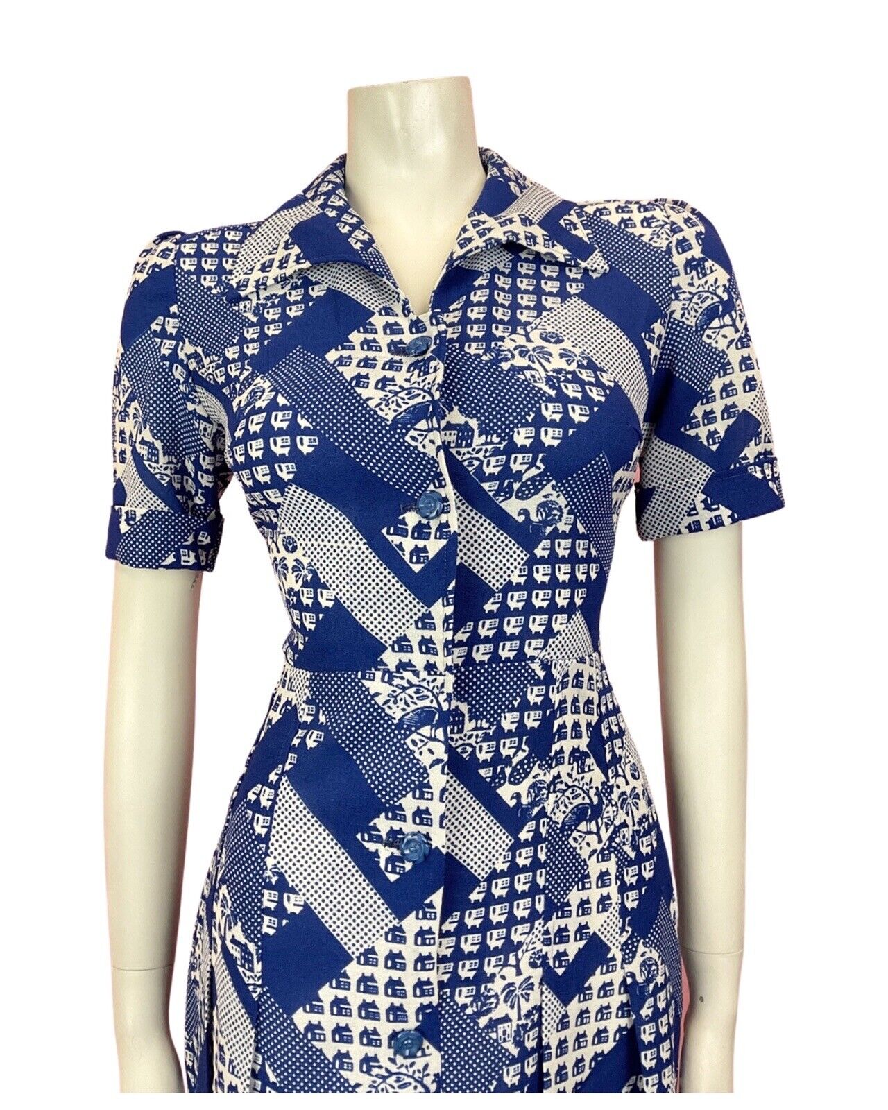 VTG 60s 70s BLUE WHITE GEOMETRIC POLKA-DOT PALM TREE MOD DAGGER SHIRT DRESS 10