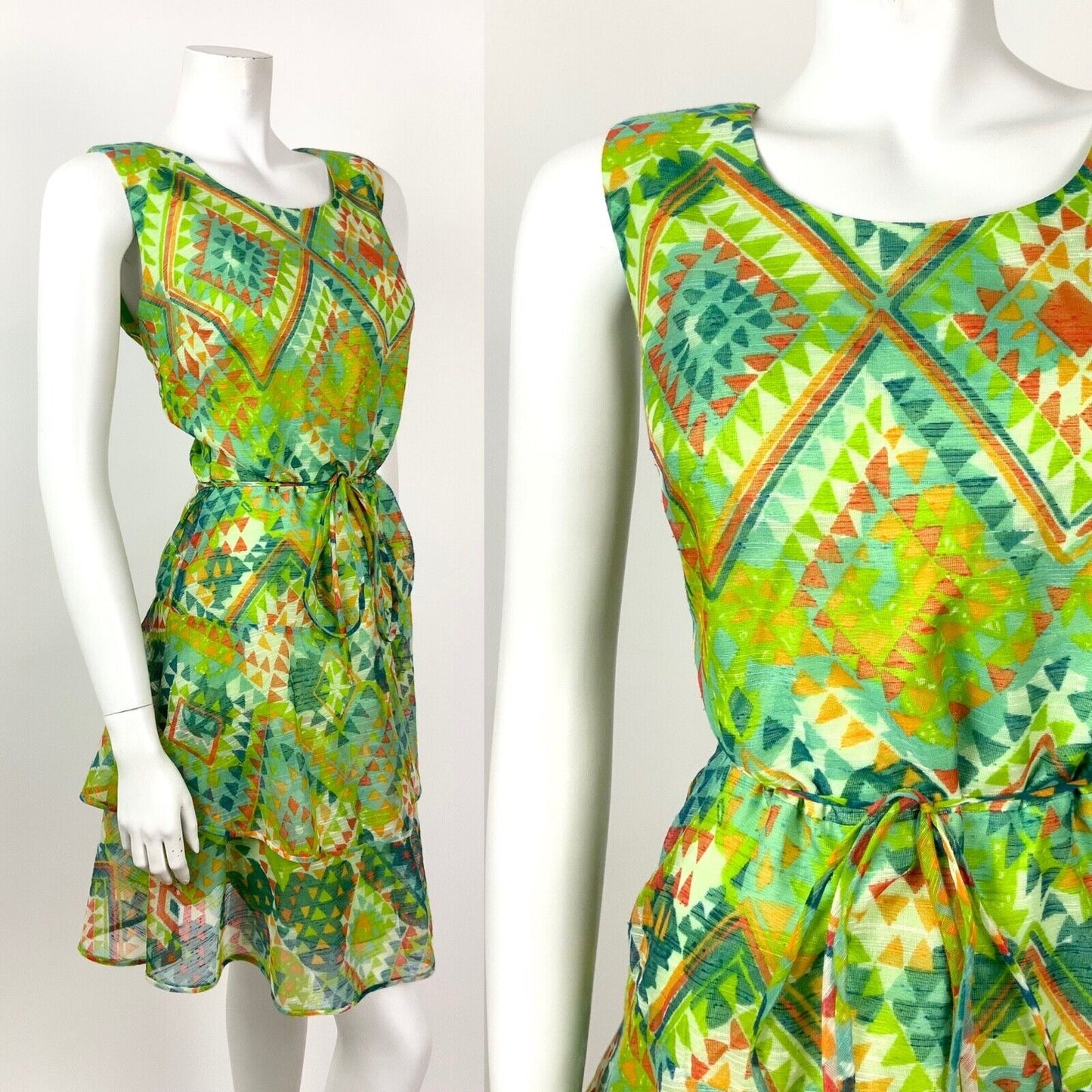 VINTAGE 60s 70s GREEN BLUE RED WHITE AZTEC GEOMETRIC TIERED SHEER DRESS 10 12