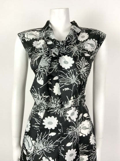 VINTAGE 60s 70s BLACK GREY WHITE FLORAL BOW SHAWL SLEEVELESS DRESS 10 12
