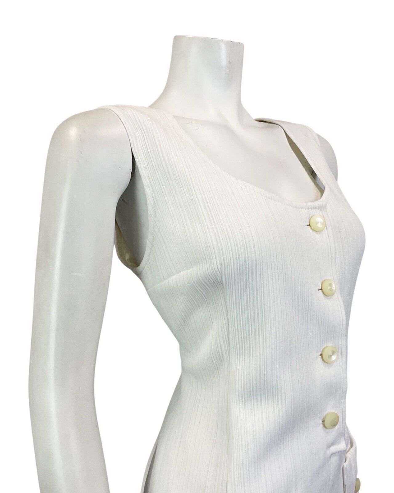 VINTAGE 60s 70s WHITE RIBBED MOD PINAFORE SLEEVELESS DRESS 12