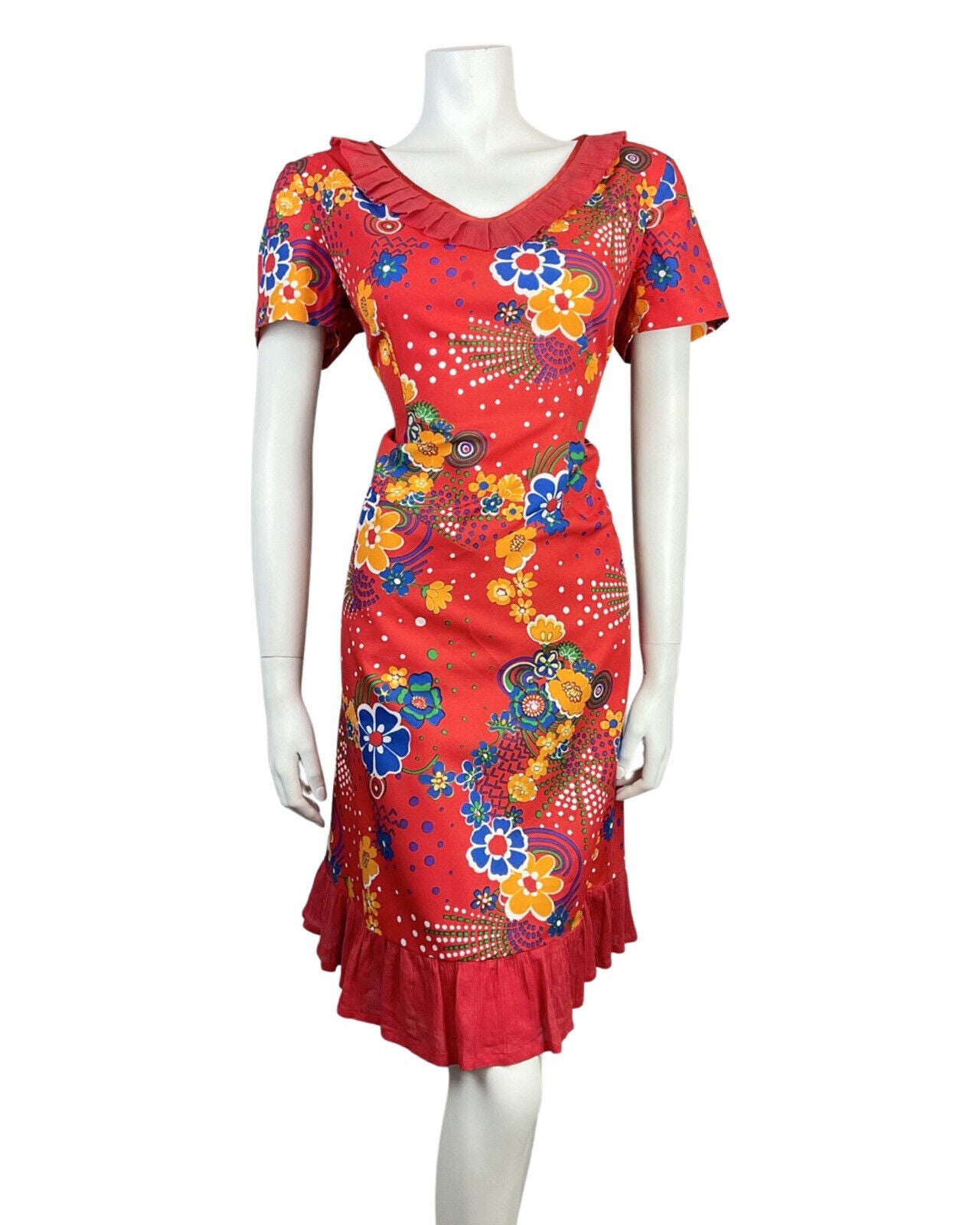 VINTAGE 60s 70s RED BLUE YELLOW PSYCHEDELIC SWIRL FLORAL RUFFLED DRESS 16