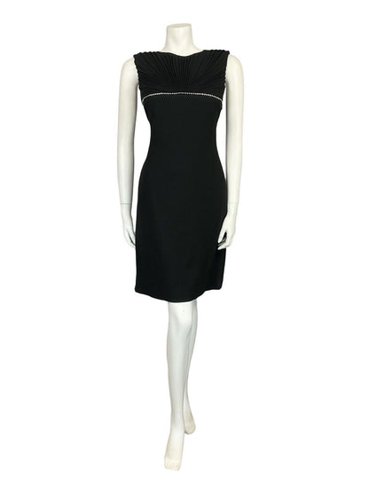 VTG 60S BLACK MOD WOOL DIAMANTE FAN PLEATED SLEEVELESS PARTY MINI DRESS 10