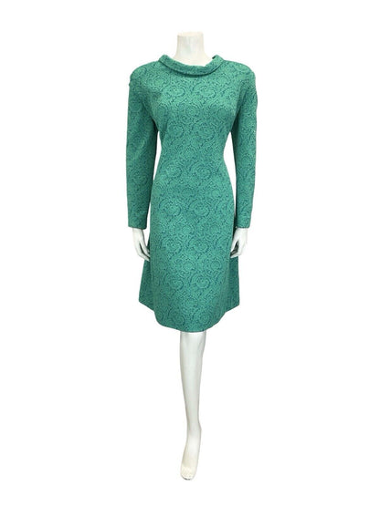 VTG 60S TEAL BLUE GREEN SPARKLY PAISLEY ROUNDED COLLAR PARTY MIDI DRESS 16