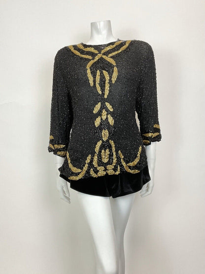 VINTAGE 70s 80s BLACK GOLD SEQUIN BEADED GLAM DISCO PARTY BLOUSE TOP 16 18