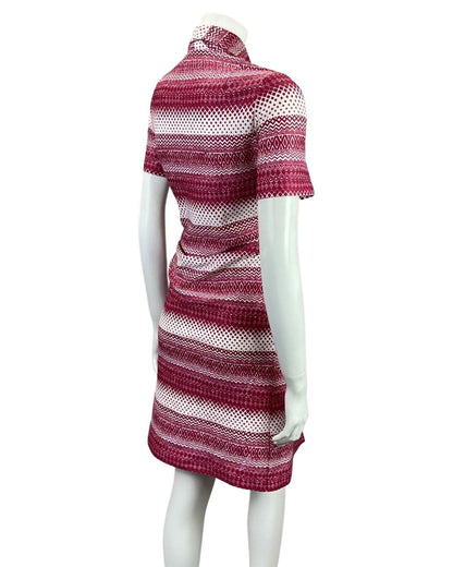 VINTAGE 60s 70s PURPLE GEOMETRIC STRIPED ZIG-ZAG DOTTY ZIP-UP MOD SHIRT DRESS 12