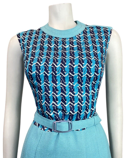 VINTAGE 60s 70s BLUE NAVY WHITE STRIPED ZIG-ZAG MOD BELTED DRESS 10 12