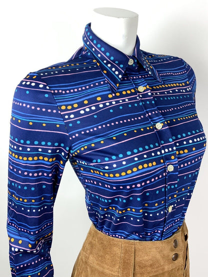 VTG 70s 90s BLUE PINK ORANGE WHITE STRIPED DOTTY PSYCHEDELIC DAGGER SHIRT 8 10