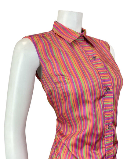 VINTAGE 60s 70s PINK GREEN PURPLE STRIPED SLEEVELESS MOD SHIFT DRESS 10 12