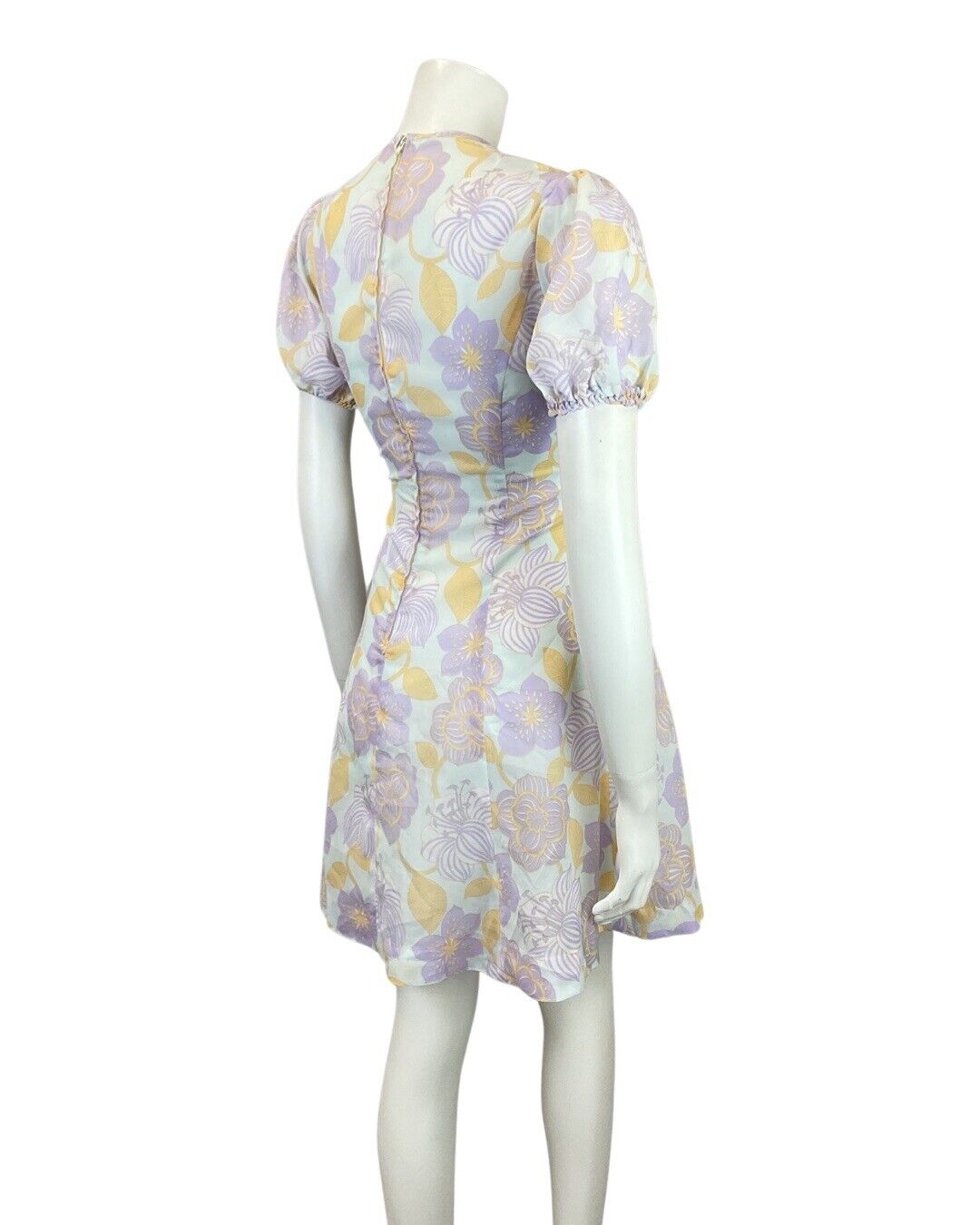 VINTAGE 60s 70s PURPLE BLUE YELLOW FLORAL MOD PUFF SLEEVE SWING DRESS 10 12