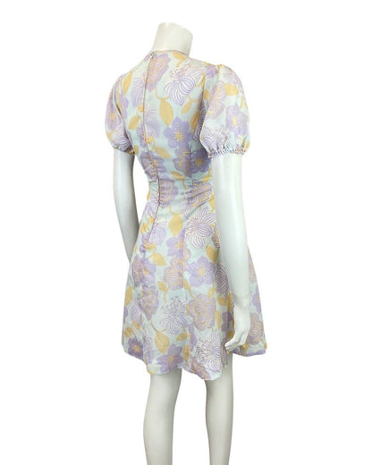 VINTAGE 60s 70s PURPLE BLUE YELLOW FLORAL MOD PUFF SLEEVE SWING DRESS 10 12