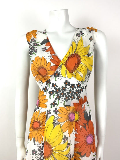 VTG 60s 70s WHITE ORANGE YELLOW FLORAL DAISY SHEER V-NECK SUMMER DRESS 12 14