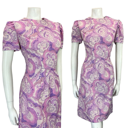 VTG 60S PURPLE WHITE PSYCHDELIC SWIRL SMOCKED WAIST SPARKLY PARTY DRESS 8 10 S