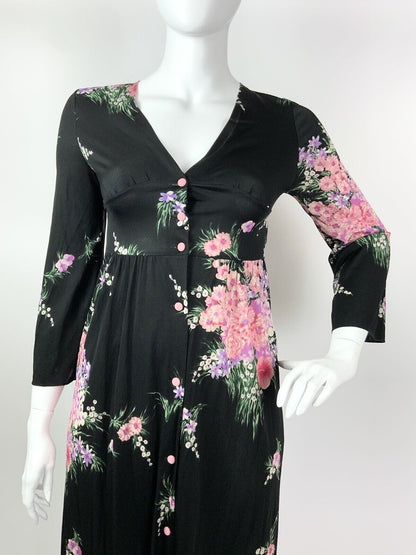 VINTAGE 60s 70s BLACK PASTEL PINK PURPLE GREEN FLORAL BOUQUET MAXI DRESS 14 16