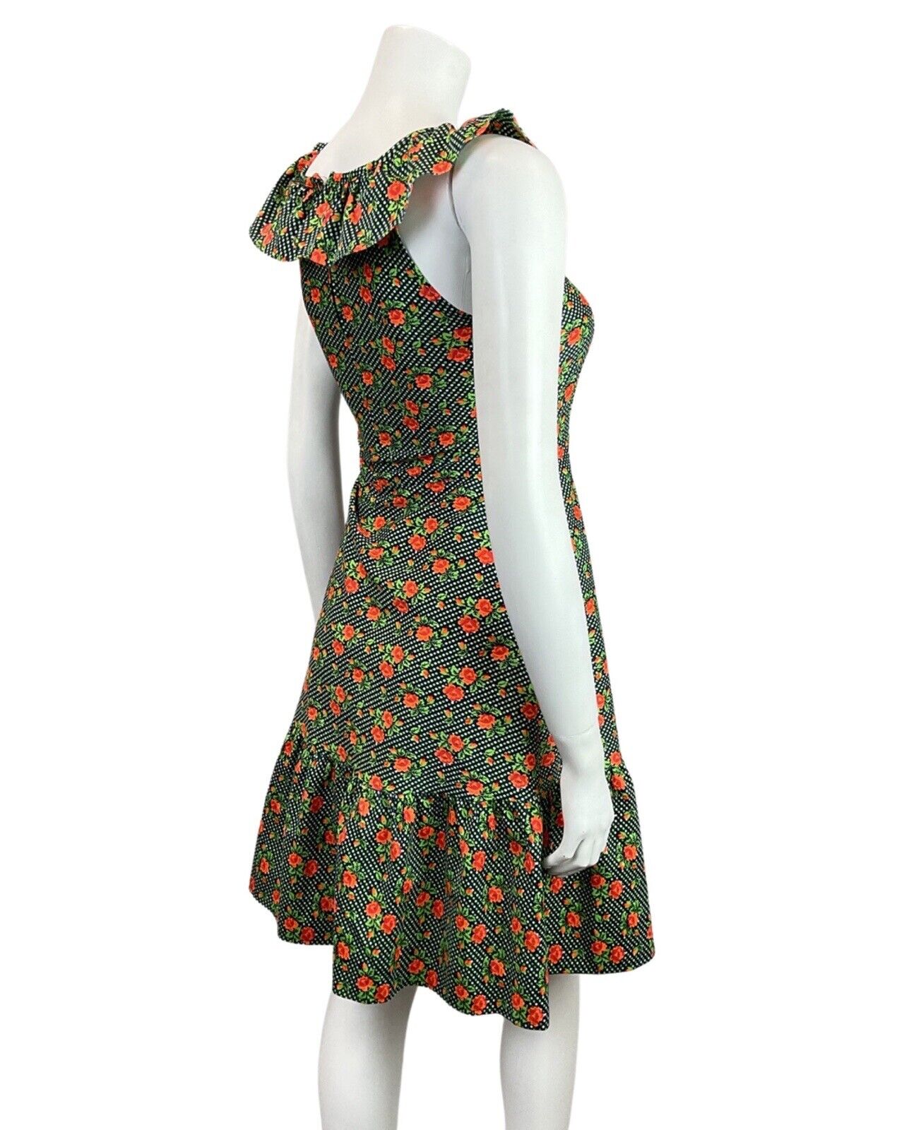 VINTAGE 60s 70s BLUE GREEN ORANGE POLKA-DOT FLORAL ROSE RUFFLE SUMMER DRESS 4