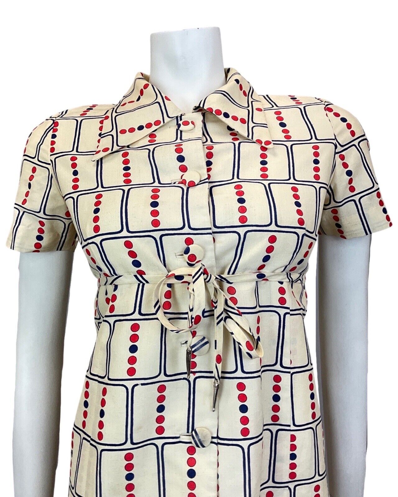 VINTAGE 60s 70s CREAM BLUE RED GEOMETRIC DOTTY DAGGER COLLAR MOD SHIRT DRESS 12
