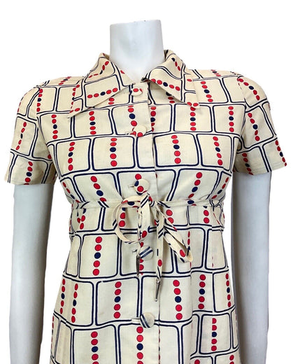 VINTAGE 60s 70s CREAM BLUE RED GEOMETRIC DOTTY DAGGER COLLAR MOD SHIRT DRESS 12