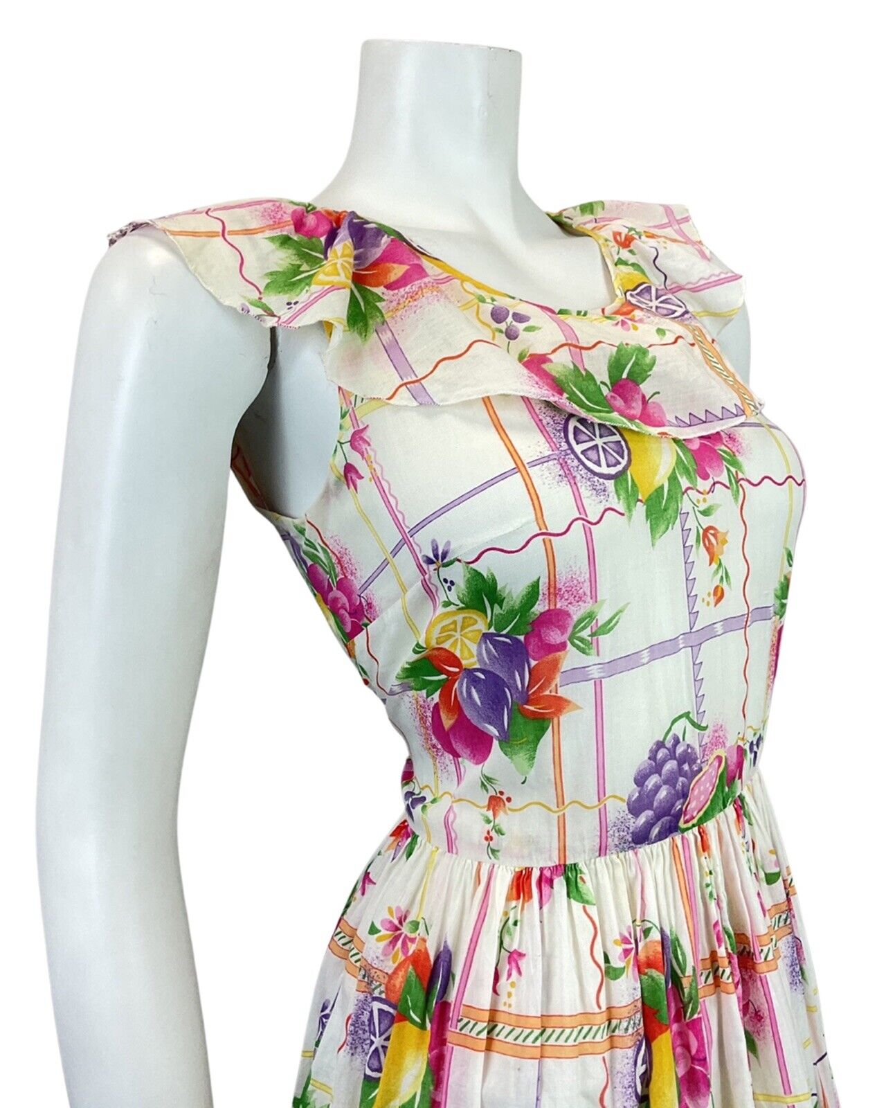 VINTAGE 60s 70s WHITE PURPLE GREEN YELLOW FLORAL FRUITS RUFFLED SUMMER DRESS 8