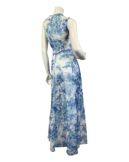 VINTAGE 60s 70s BLUE WHITE GREEN FLORAL LEAFY WAISTCOAT MAXI OVER-DRESS 14 16