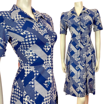 VTG 60s 70s BLUE WHITE GEOMETRIC POLKA-DOT PALM TREE MOD DAGGER SHIRT DRESS 10