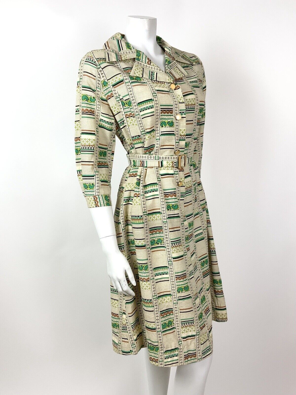 VTG 60s 70s CREAM GREEN BLACK BROWN STRIPED FLORAL GEOMETRIC SHIRT DRESS 14 16