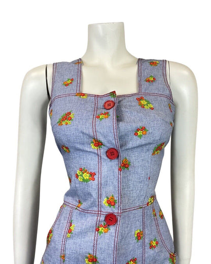VINTAGE 60s 70s BLUE RED YELLOW FLOWER BOUQUET APRON PINAFORE DRESS 8
