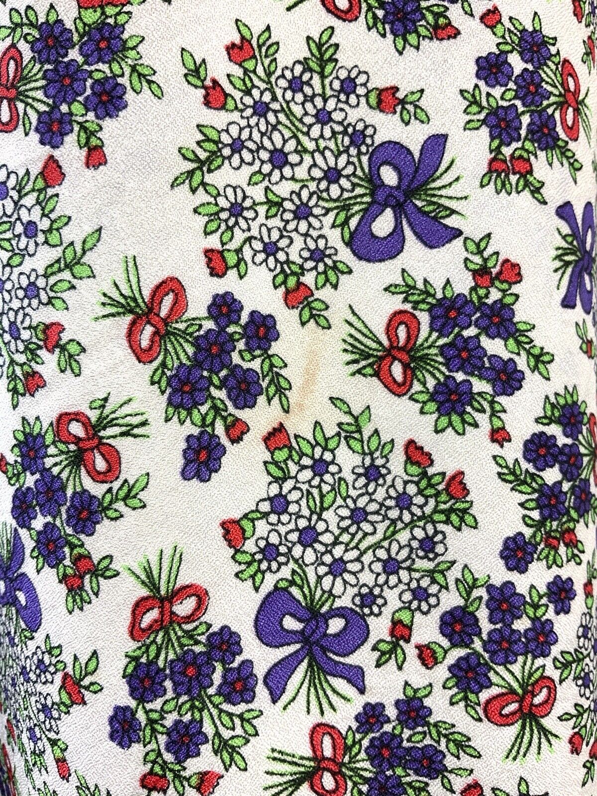 VINTAGE 60s 70s WHITE PURPLE RED GREEN FLORAL BOUQUET BOW RUFFLE DRESS 8