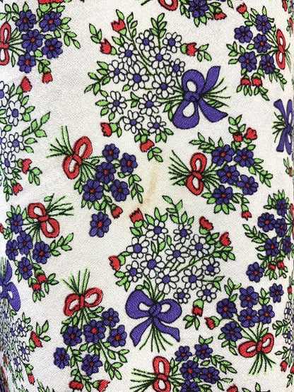 VINTAGE 60s 70s WHITE PURPLE RED GREEN FLORAL BOUQUET BOW RUFFLE DRESS 8