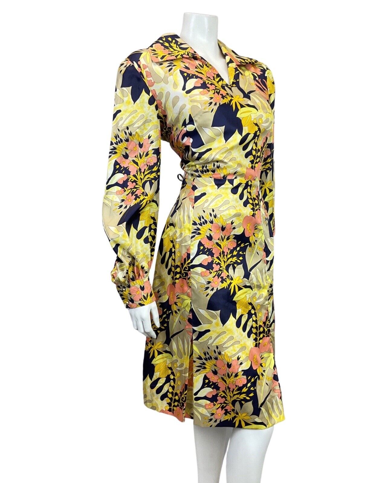 VINTAGE 60s 70s YELLOW BLUE BEIGE PSYCHEDELIC FLORAL PALM LEAF SHIRT DRESS 16