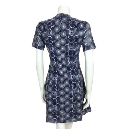 VINTAGE 1960S NAVY BLUE WHITE EMBROIDERED FLORAL SPIROGRAPH DRESS 10 12