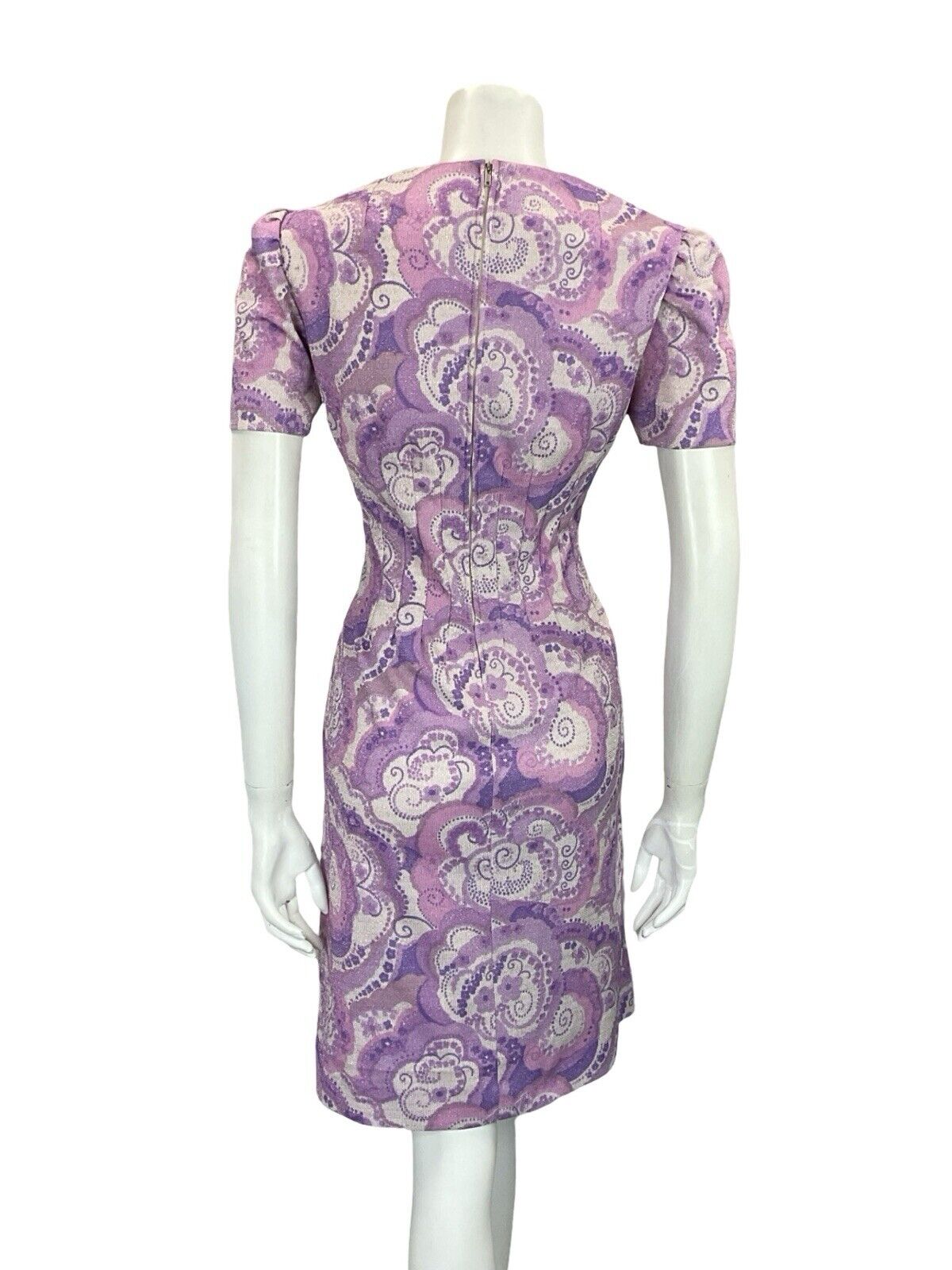 VTG 60S PURPLE WHITE PSYCHDELIC SWIRL SMOCKED WAIST SPARKLY PARTY DRESS 8 10 S