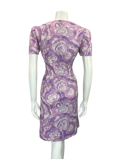 VTG 60S PURPLE WHITE PSYCHDELIC SWIRL SMOCKED WAIST SPARKLY PARTY DRESS 8 10 S