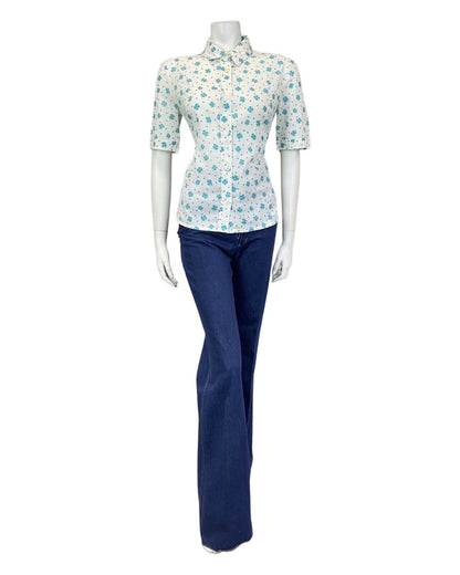 VINTAGE 60s 70s WHITE BLUE POLKA DOT CLOVER MOD SHORT SLEEVE SHIRT 12 14